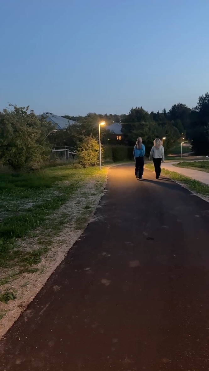 To personer på den belyste cykelsti i Roskilde Kommune